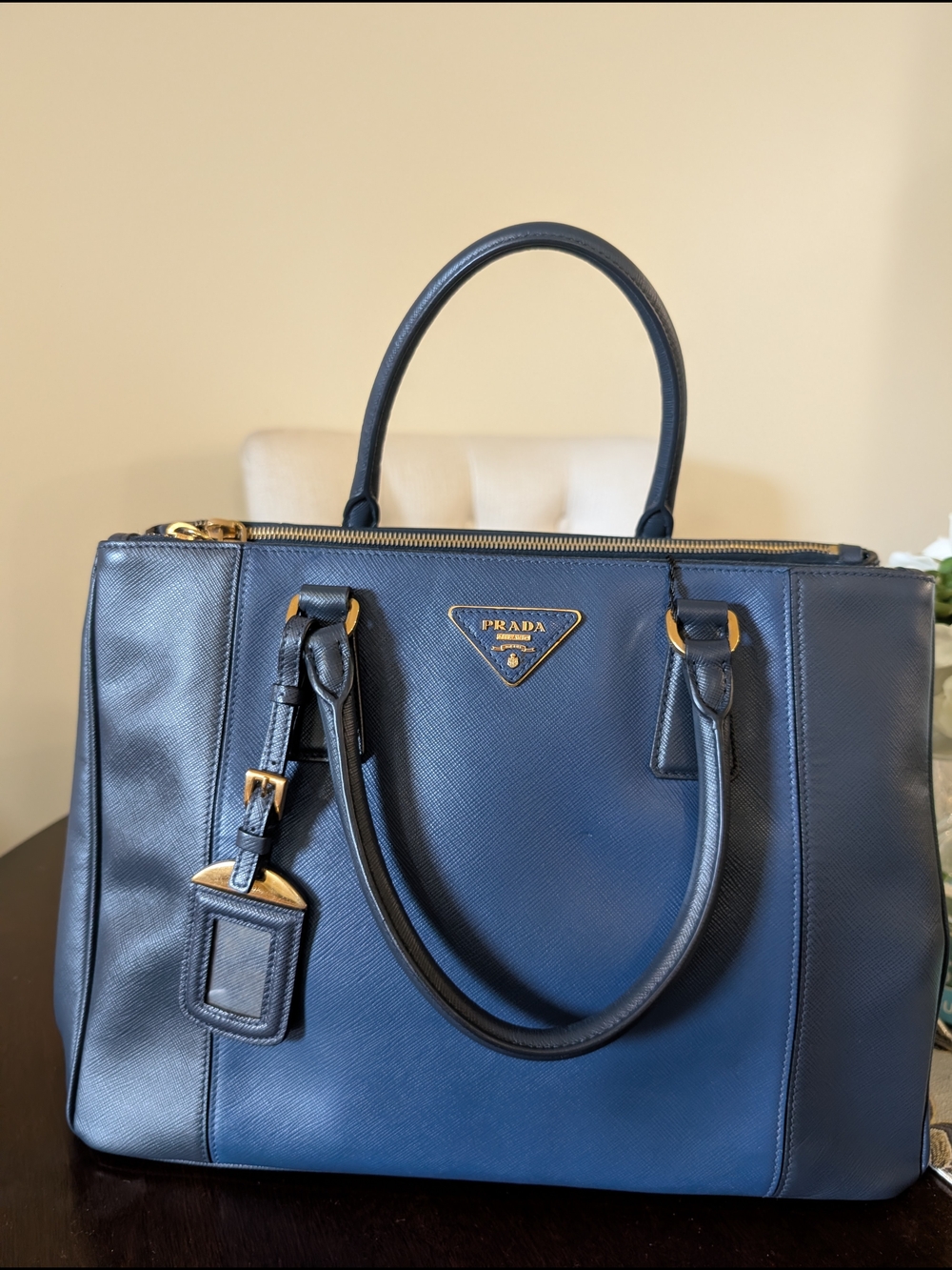 Prada Navy Saffiano Leather Tote with Gold Hardware - Picture 5 of 16